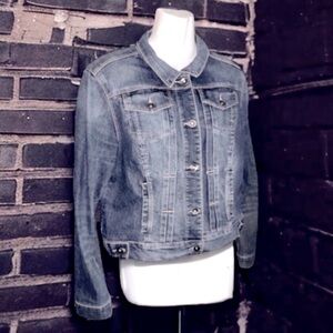 Falls Creek Blue Distressed Cropped Pleated Trucker Denim Jean Jacket Size M EUC